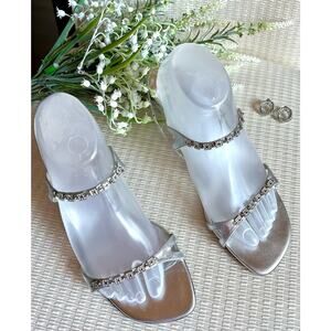 Stuart Weitzman Silver Crystal Strappy Kitten Heel Wedding Sandals 10